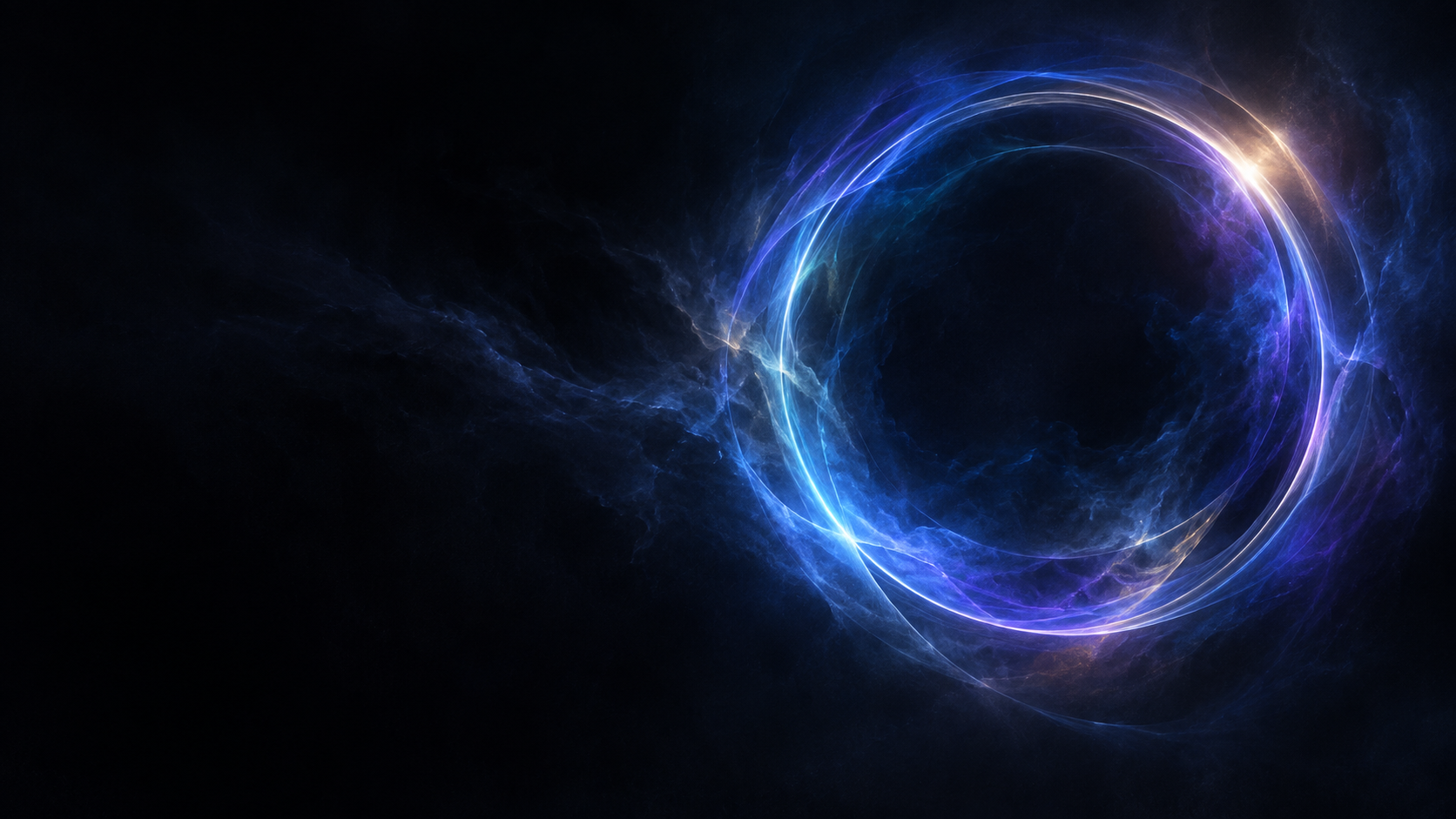 An abstract ring of cobalt and violet light emerging from darkness